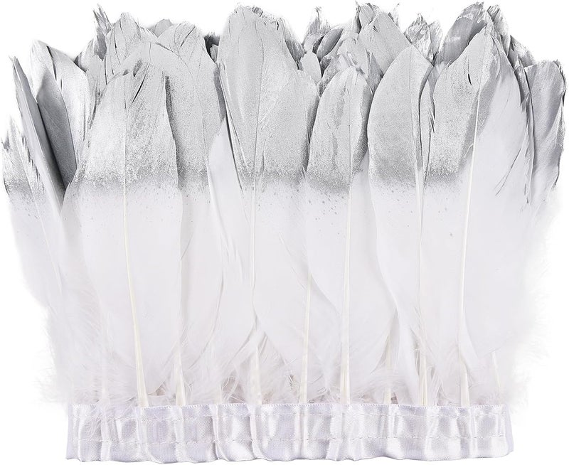 MAOFENG 2 Yards Natural Goose Feathers Trim Sewing Fringe Fashion Dress Sewing 6-8inch for DIY Handicrafts Costumes Decoration,White Silver - Image 1